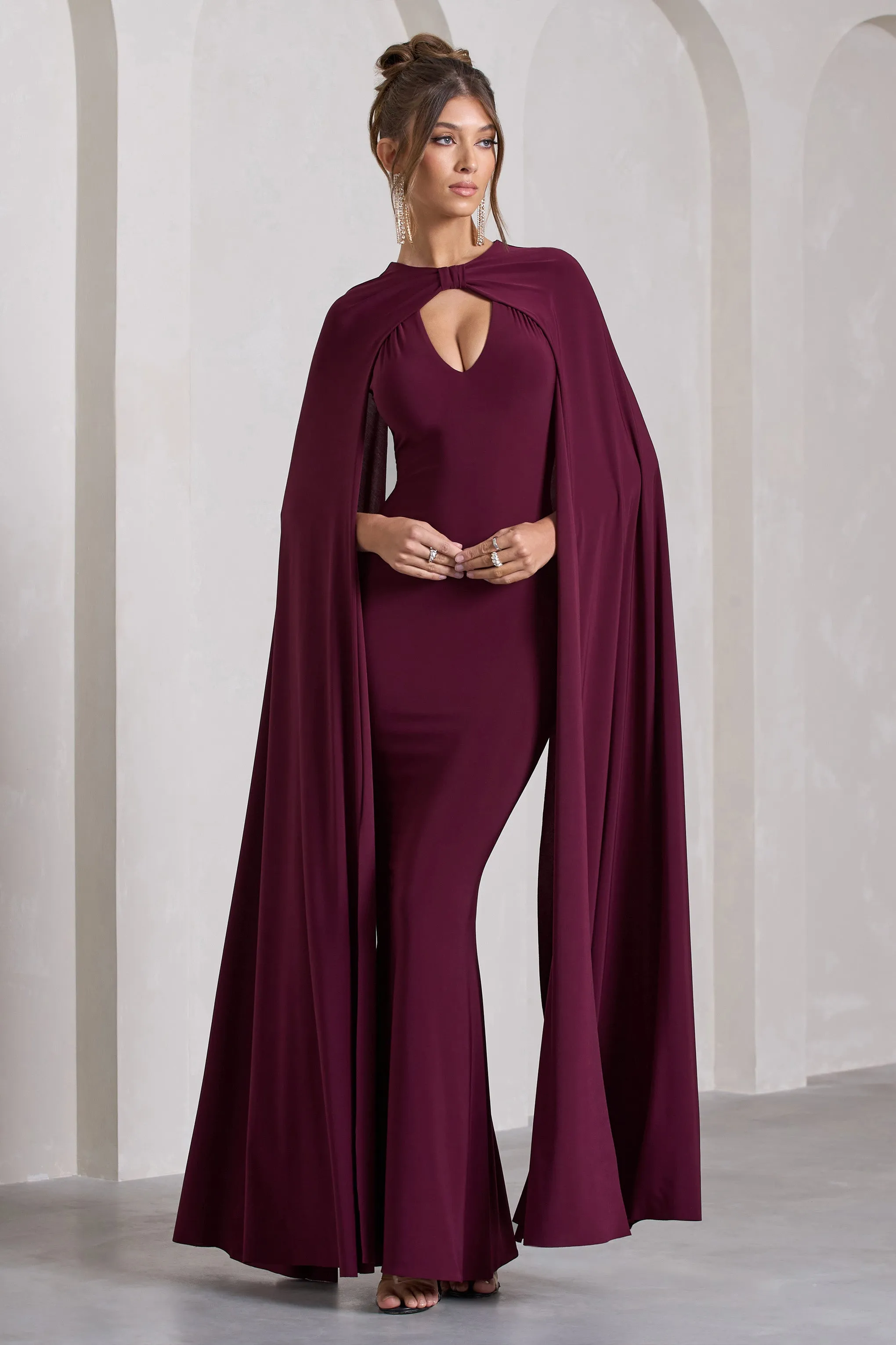 Standing Ovation | Burgundy Plunge-Neck Cape Maxi Dress