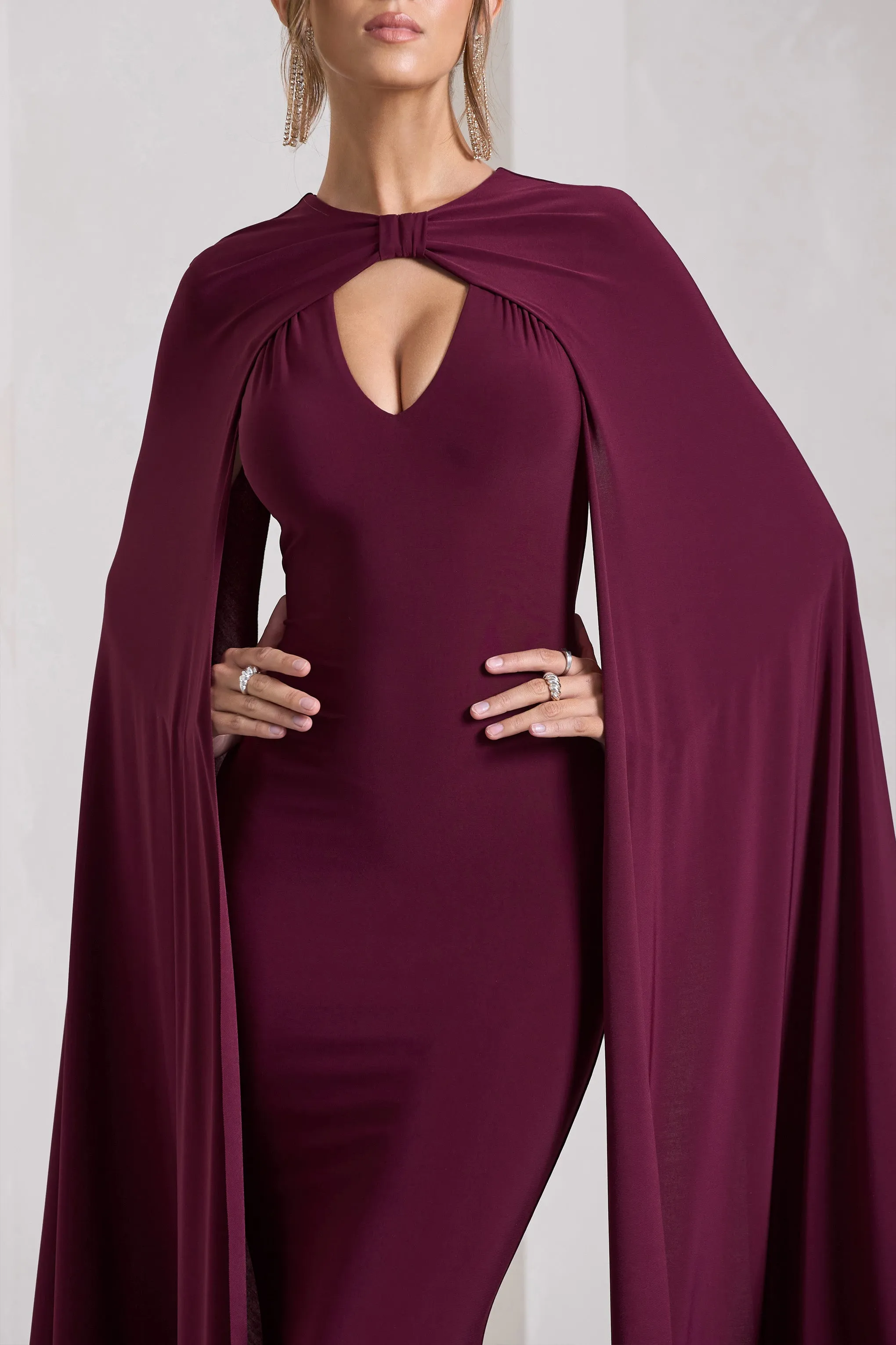 Standing Ovation | Burgundy Plunge-Neck Cape Maxi Dress