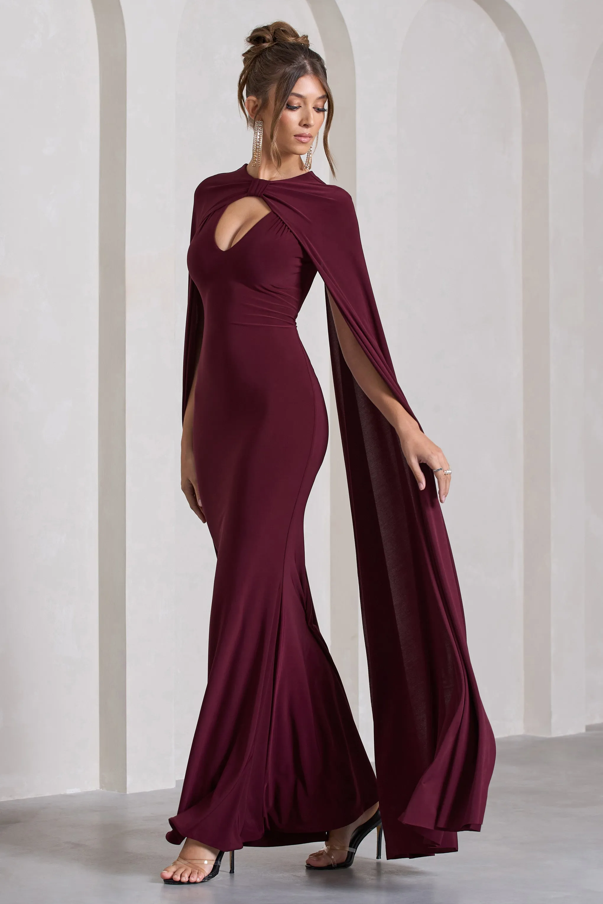 Standing Ovation | Burgundy Plunge-Neck Cape Maxi Dress