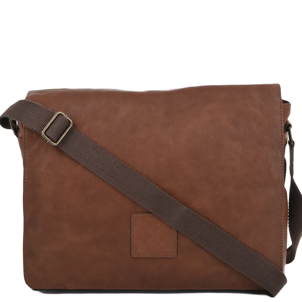 Tan Leather Laptop Messenger Flap-Over Bag