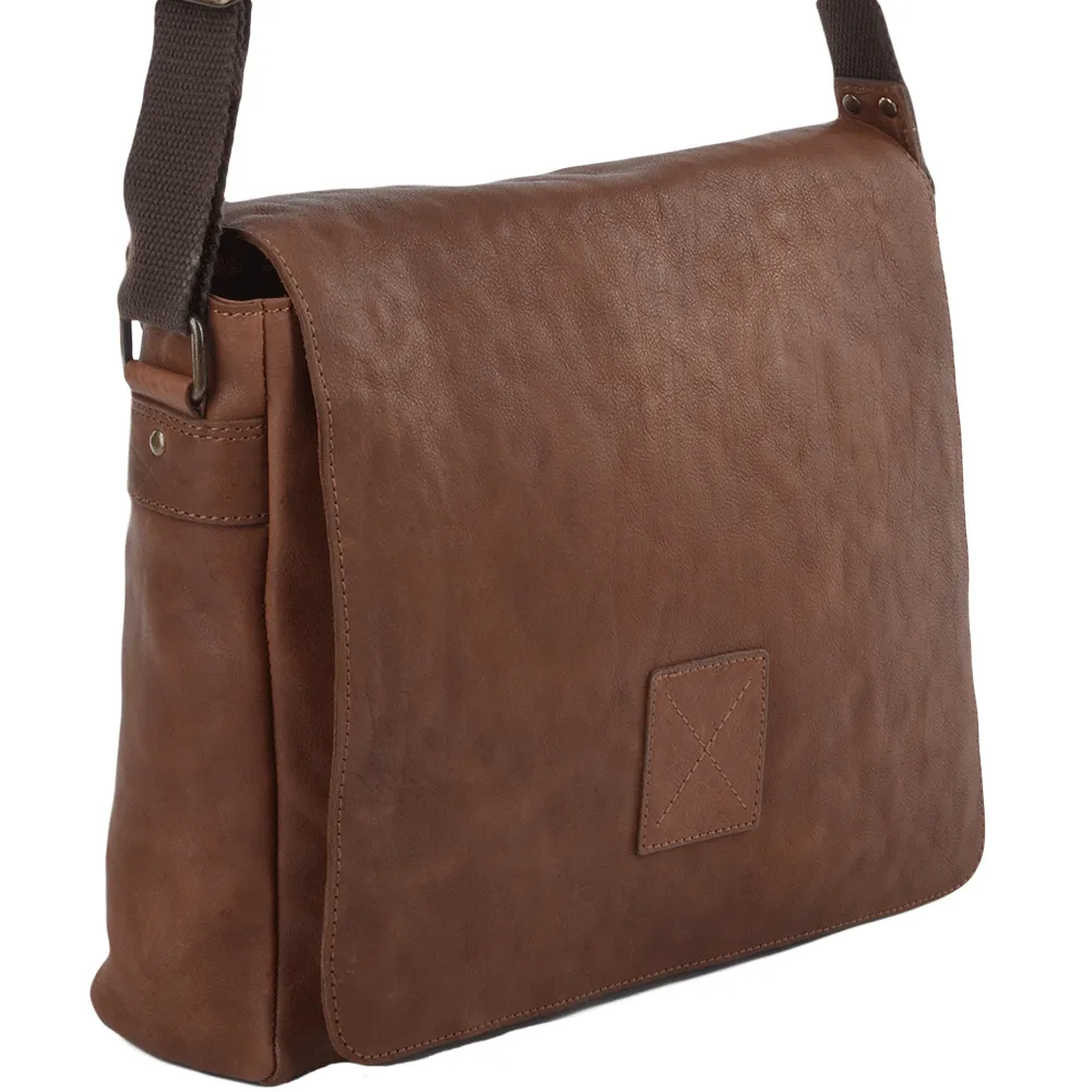 Tan Leather Laptop Messenger Flap-Over Bag