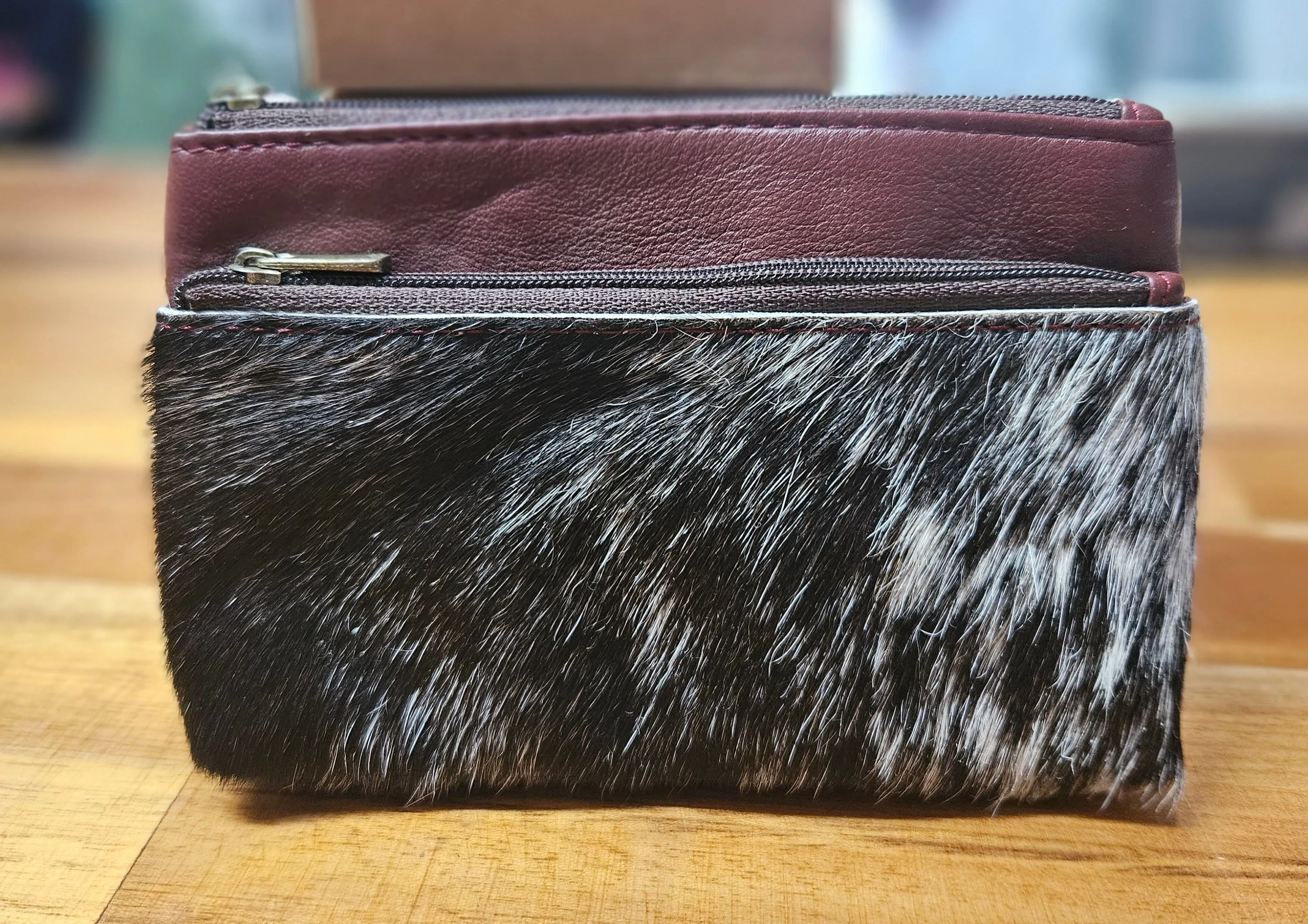 The Design Edge Alaska Double Zipper Cowhide Clutch- Jersey Hairon and Masala Brown Leather - BC6MB