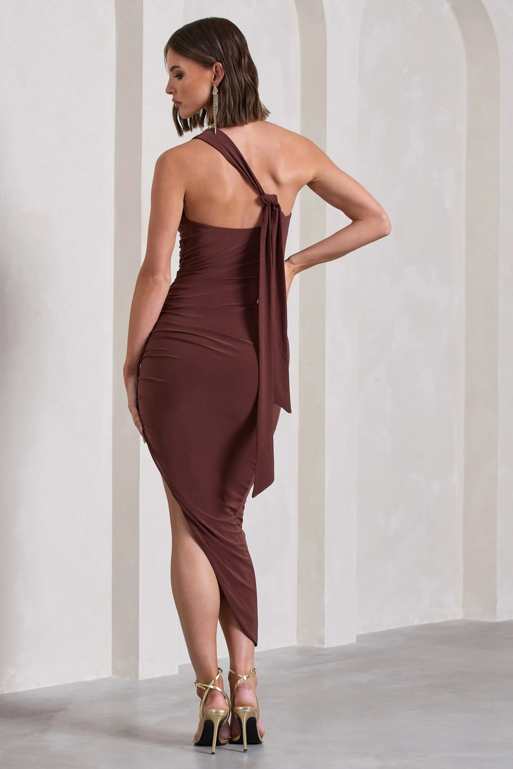 This Way | Chocolate Brown One Shoulder Ruched Asymmetric Open-Back Maxi Dress