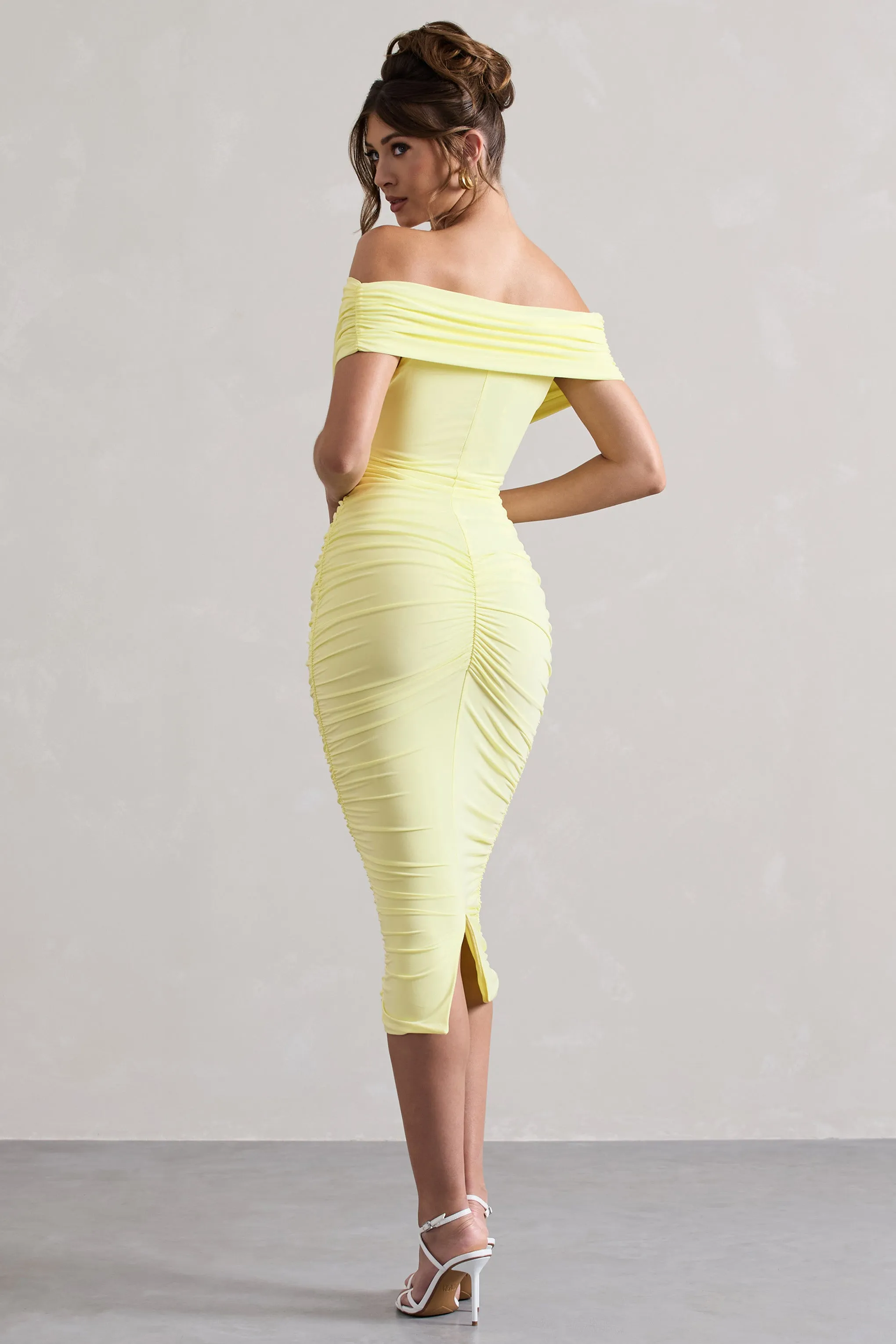 Unwrapped | Lemon Ruched Twist Bardot Midi Dress