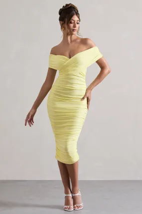 Unwrapped | Lemon Ruched Twist Bardot Midi Dress