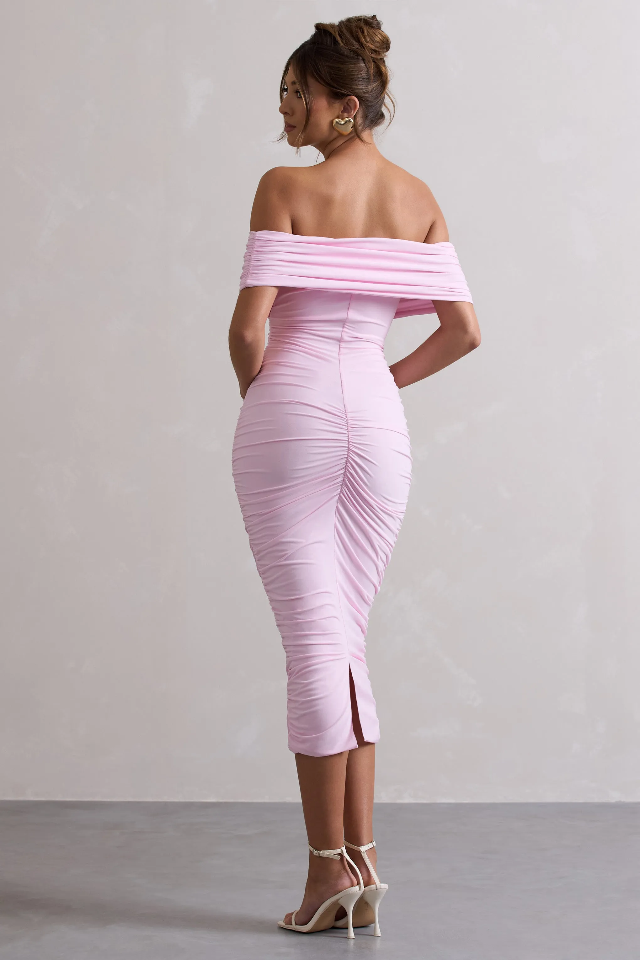 Unwrapped | Pink Ruched Twist Bardot Midi Dress