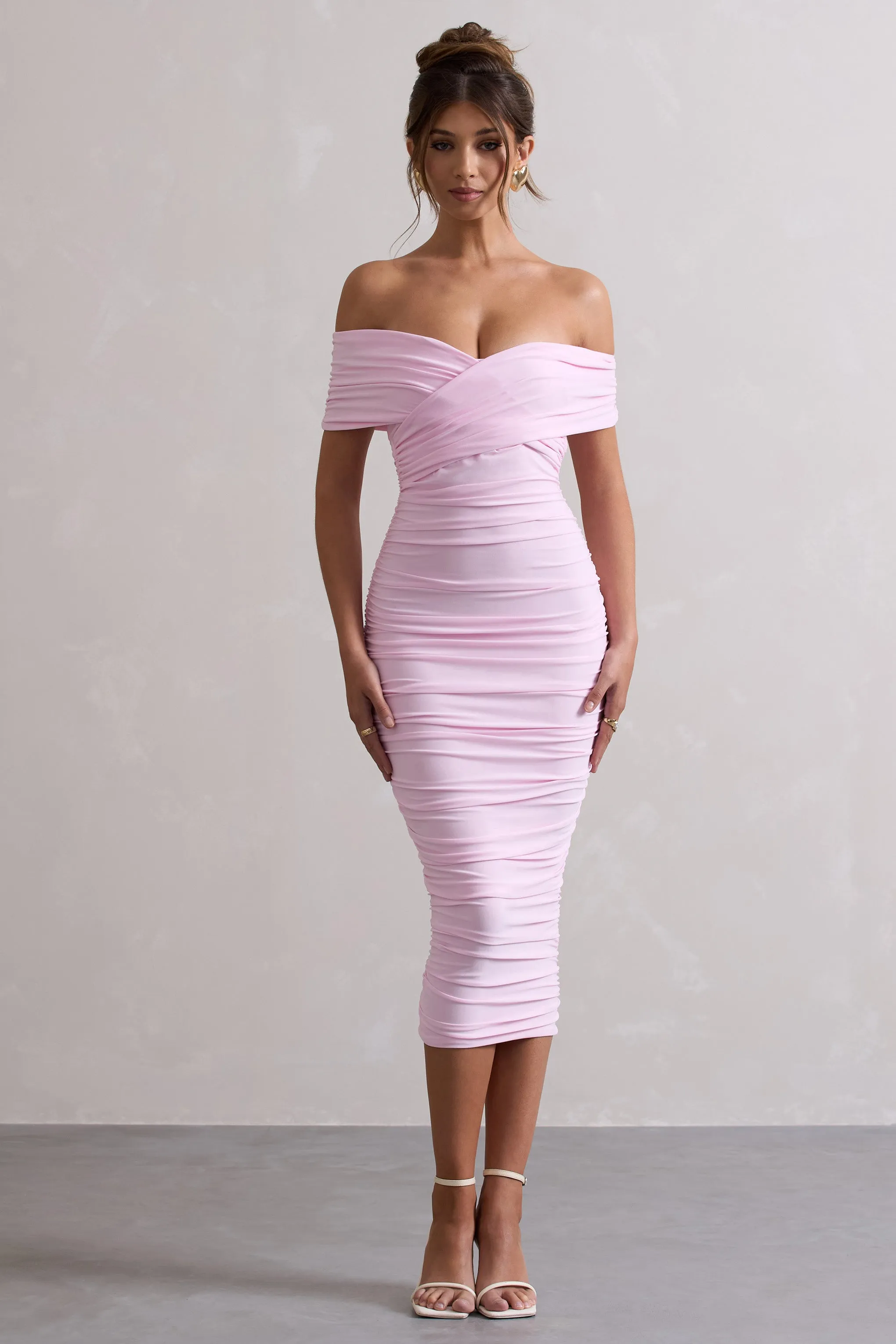 Unwrapped | Pink Ruched Twist Bardot Midi Dress