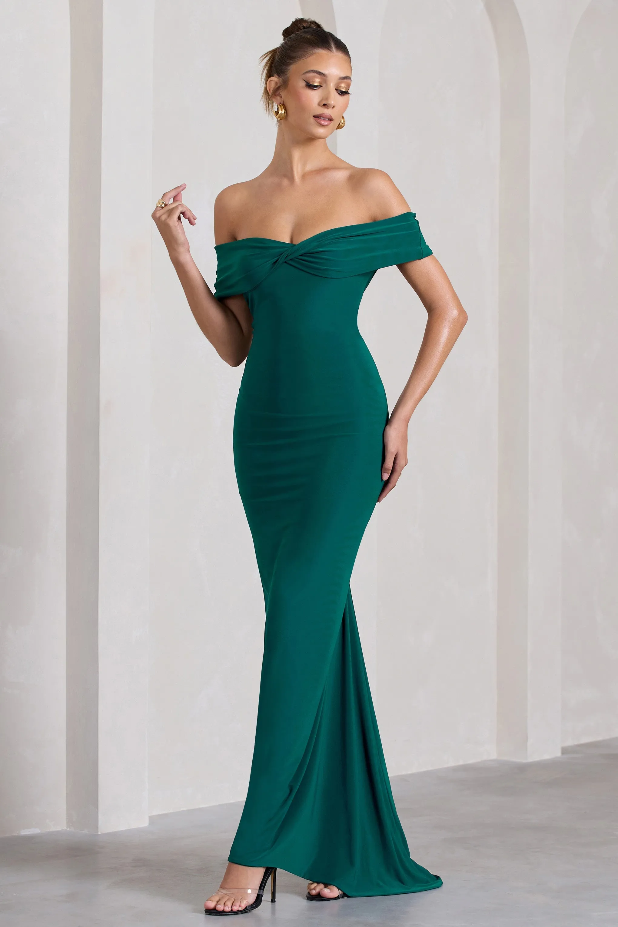 Vivienne | Bottle Green Bardot Open-Back Maxi Dress