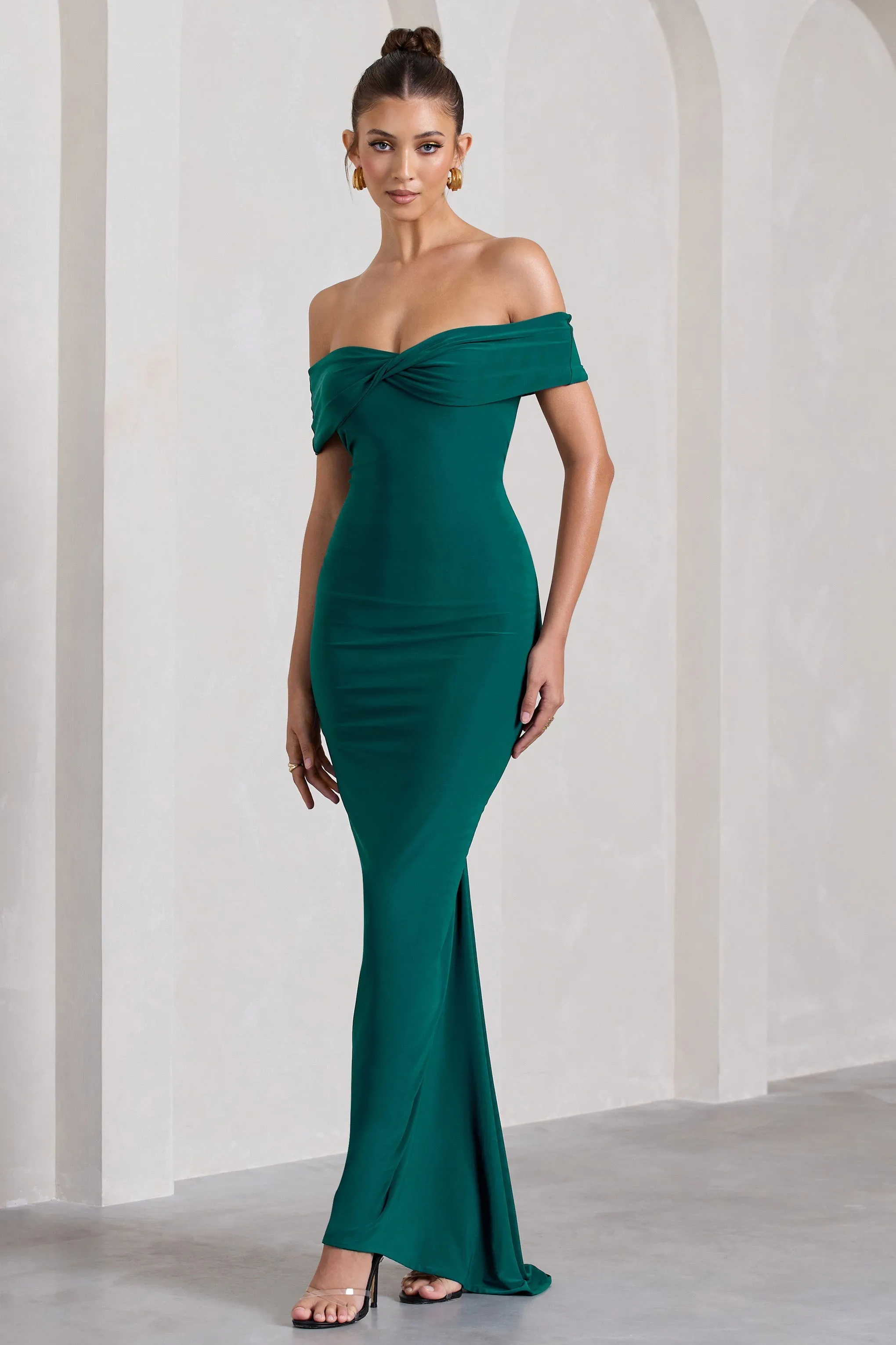 Vivienne | Bottle Green Bardot Open-Back Maxi Dress