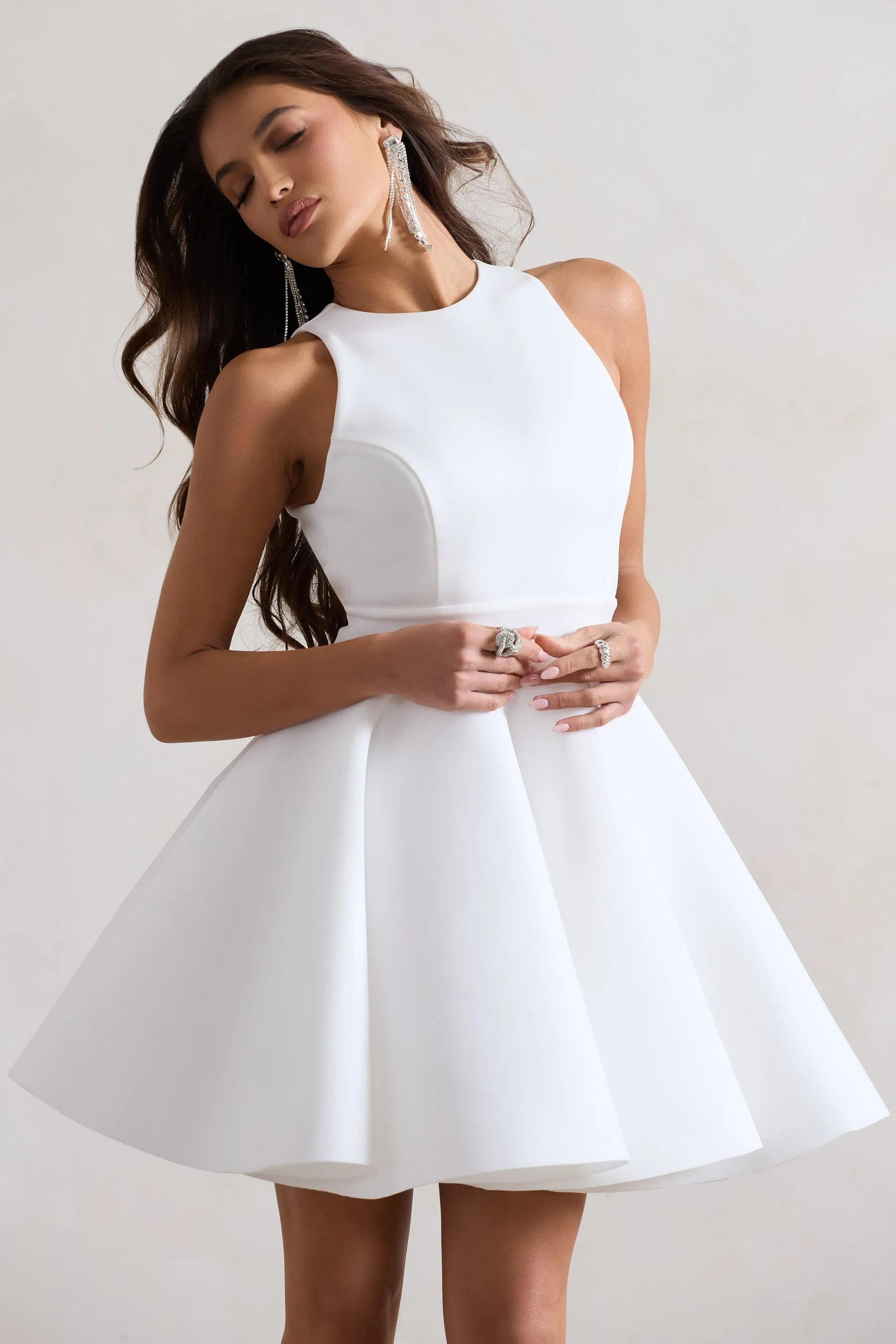 Waverly | White Racer-Neck Sleeveless Skater Mini Dress