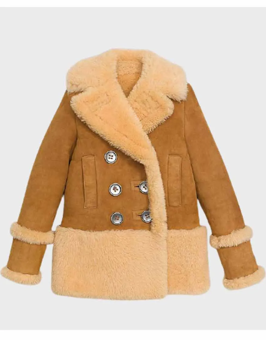 Women's Brown Shearling Peacoat | Ujackets.com - 50% OFF