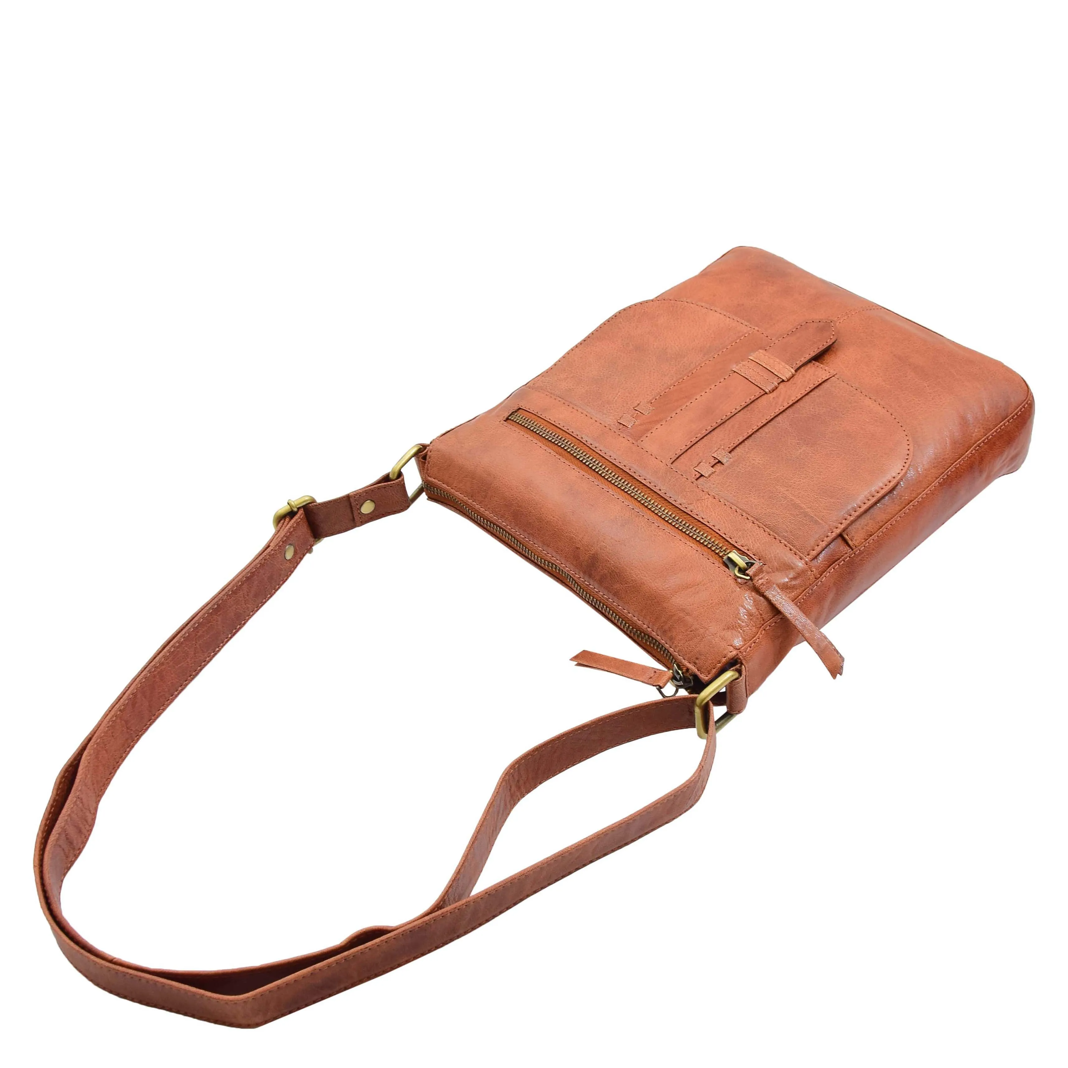 Womens Leather Cross Body Messenger Bag HOL360 Brandy