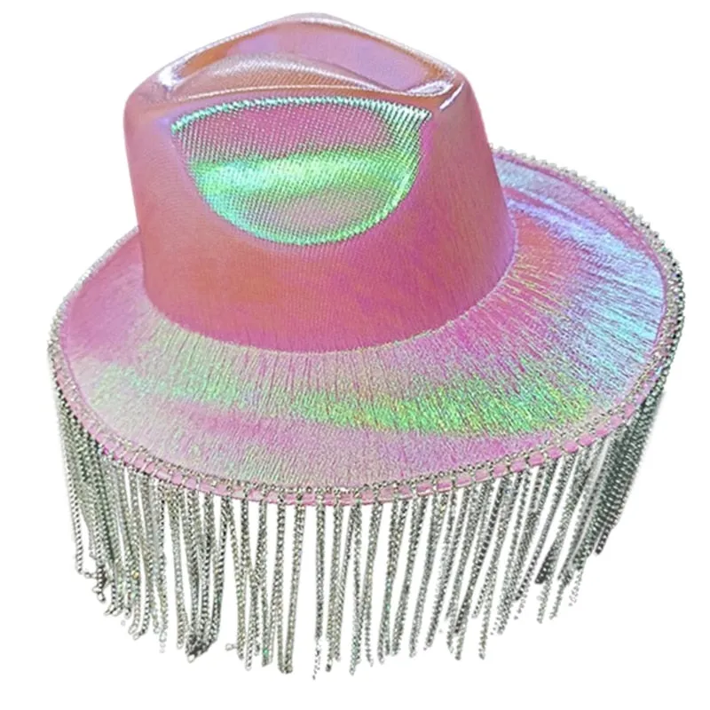 Women's Polyester Solid Rhinestones Fringe Tassle Cowgirl Hat