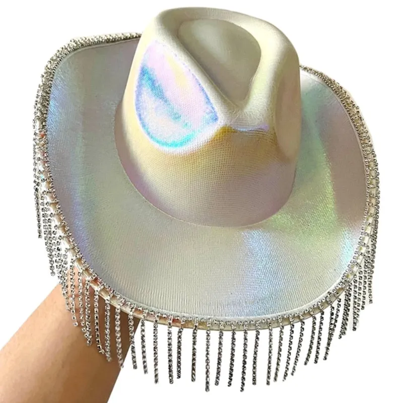 Women's Polyester Solid Rhinestones Fringe Tassle Cowgirl Hat