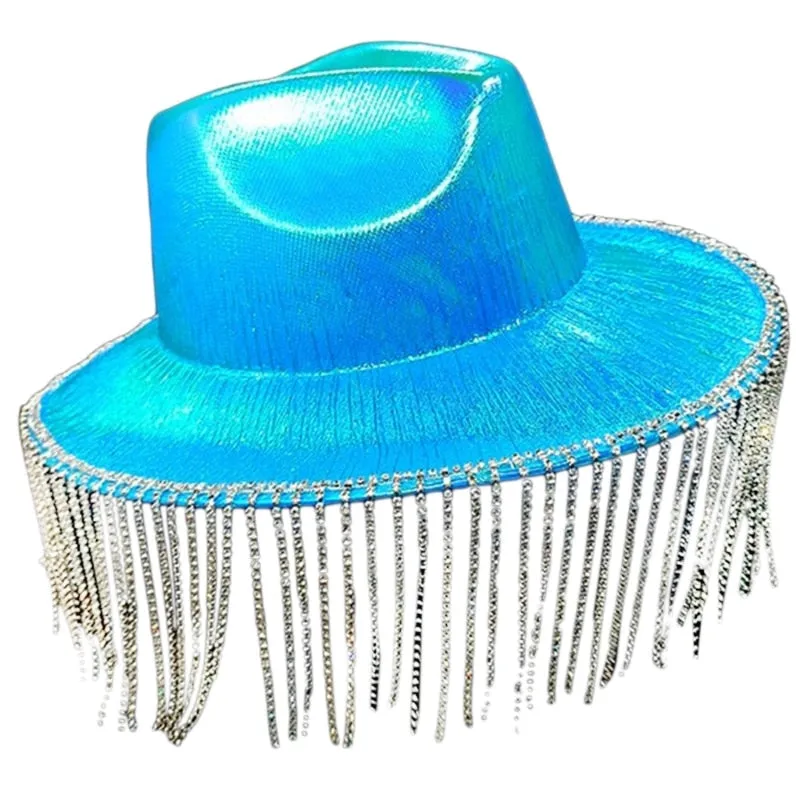 Women's Polyester Solid Rhinestones Fringe Tassle Cowgirl Hat