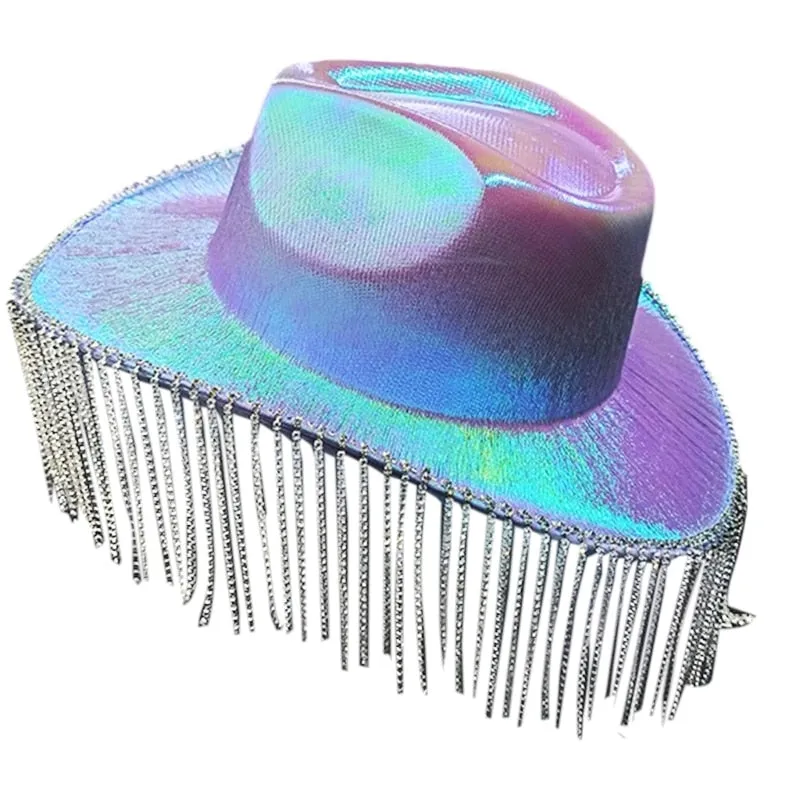 Women's Polyester Solid Rhinestones Fringe Tassle Cowgirl Hat