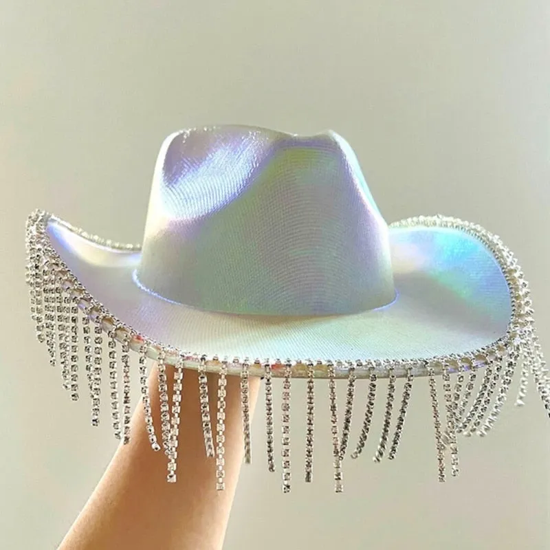 Women's Polyester Solid Rhinestones Fringe Tassle Cowgirl Hat