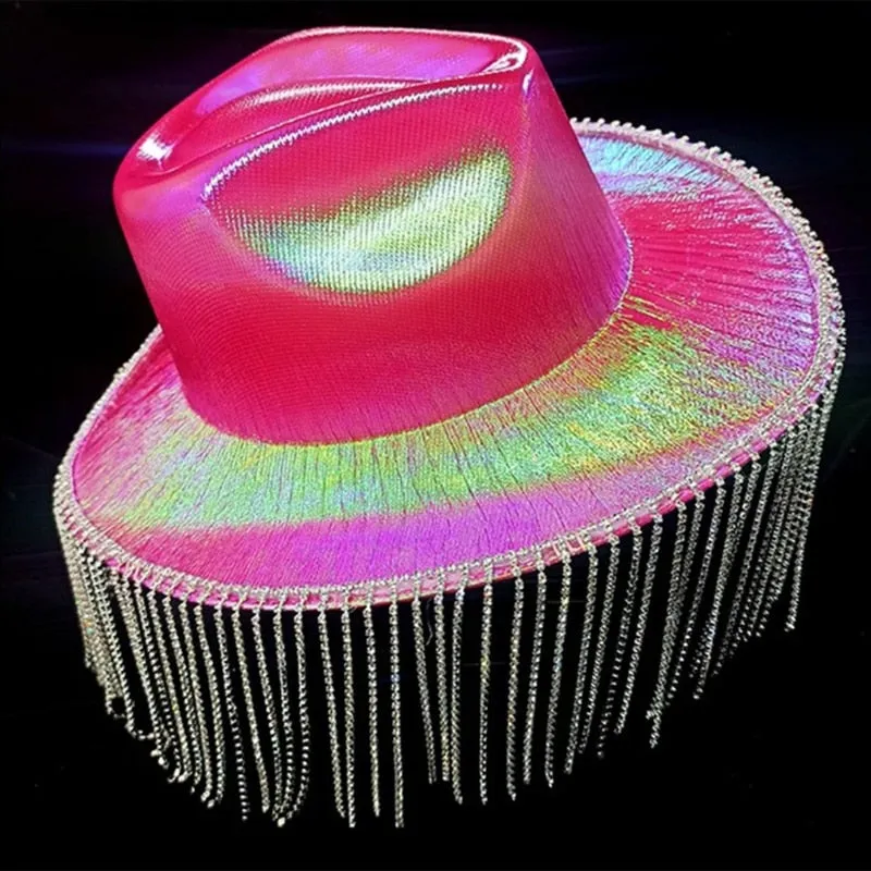 Women's Polyester Solid Rhinestones Fringe Tassle Cowgirl Hat