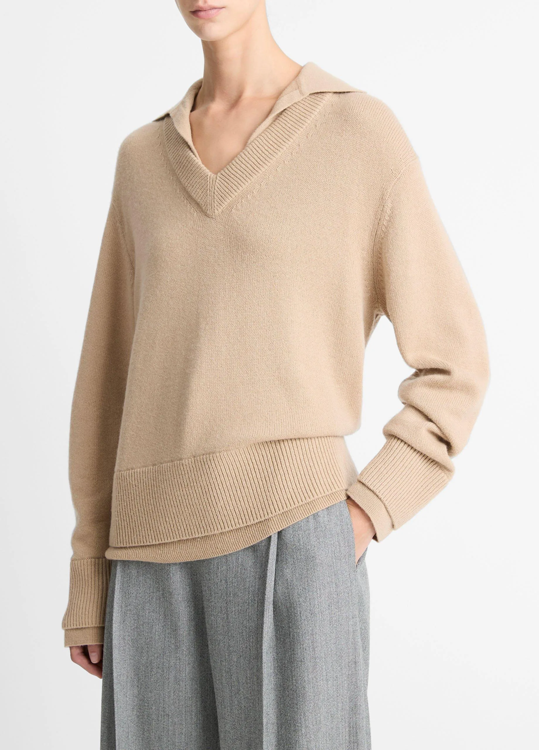 Wool-Cashmere Double-Layer Collared Pullover