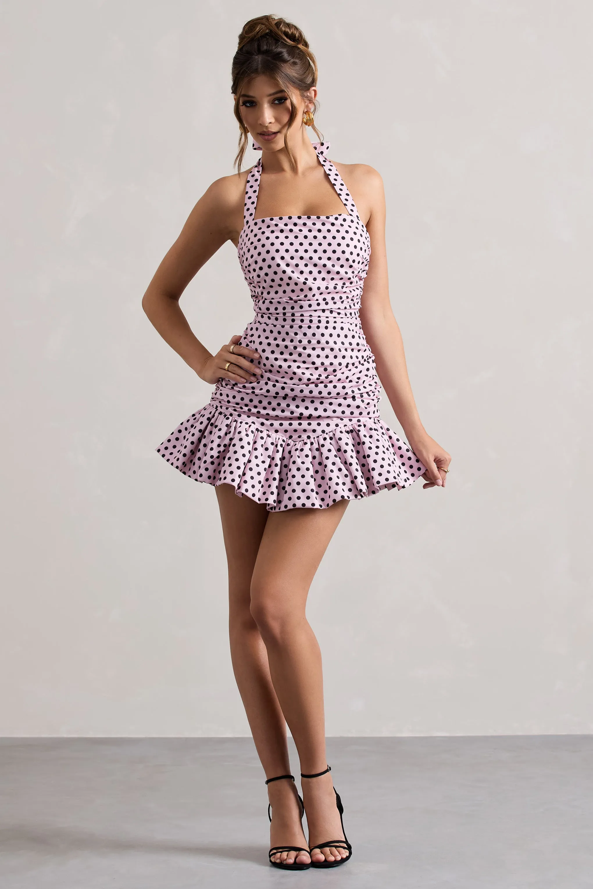 Zahra | Pink & Black Polka Dot Halter-Neck Ruched Mini Dress With Ruffle Hem