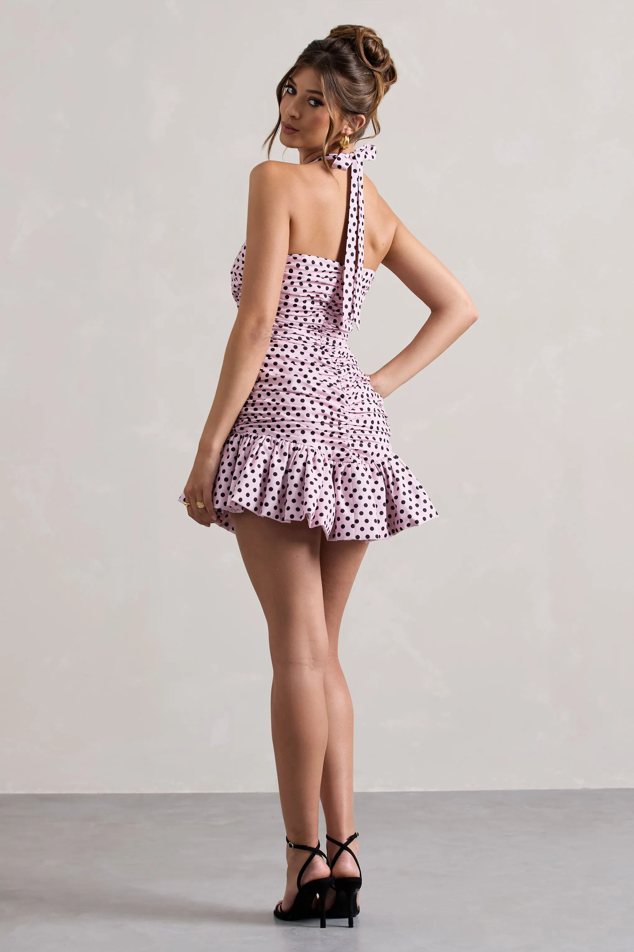 Zahra | Pink & Black Polka Dot Halter-Neck Ruched Mini Dress With Ruffle Hem