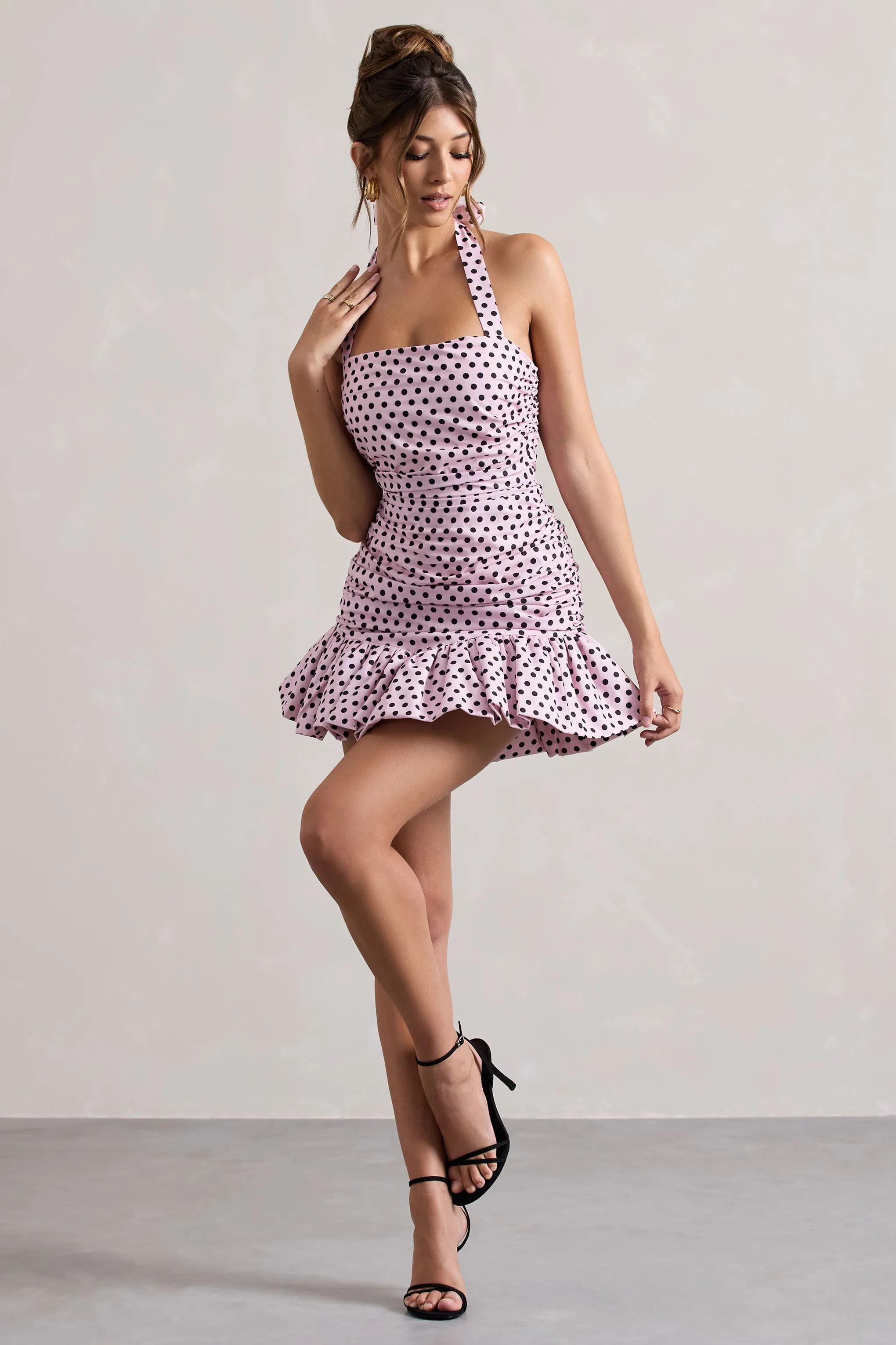 Zahra | Pink & Black Polka Dot Halter-Neck Ruched Mini Dress With Ruffle Hem