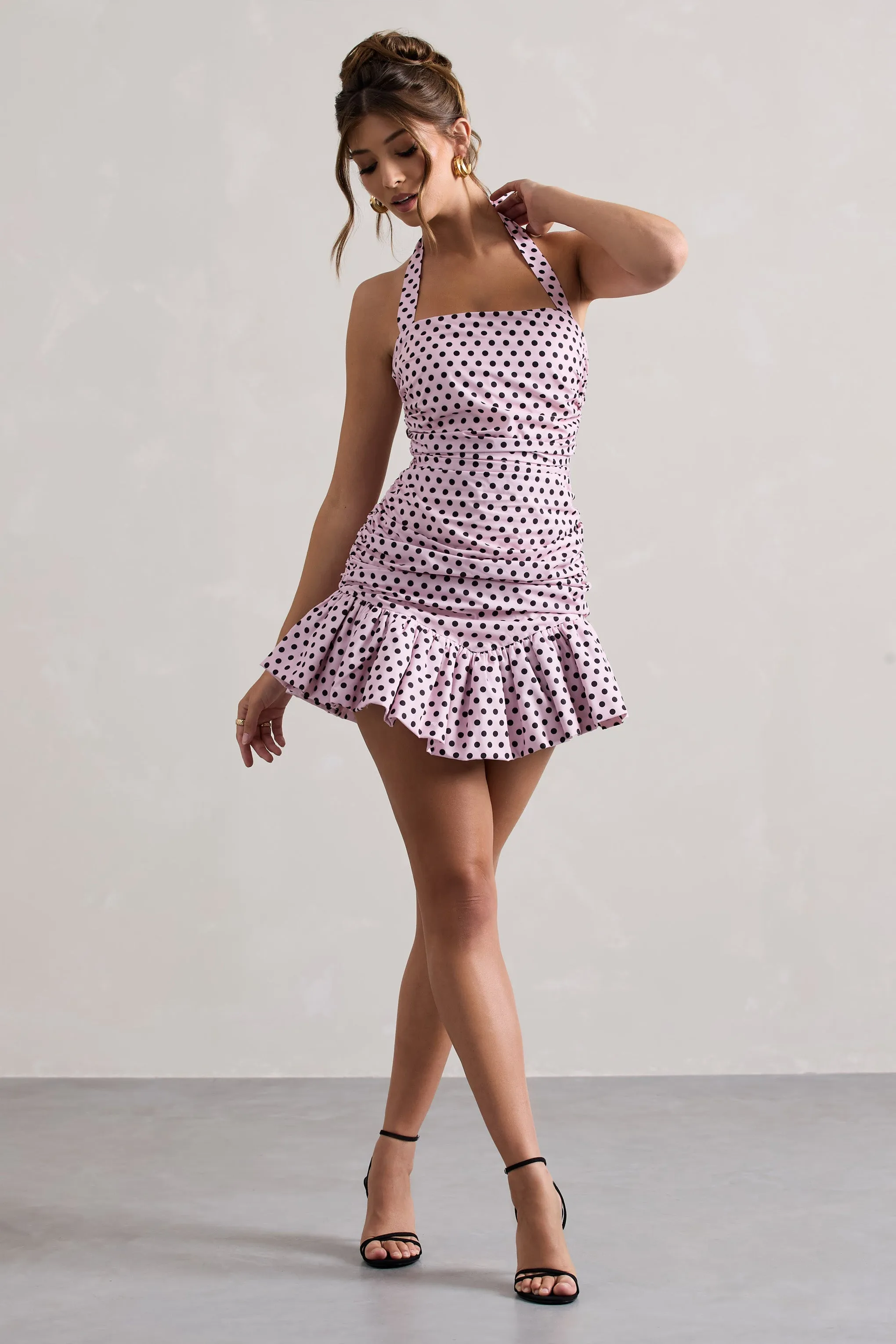 Zahra | Pink & Black Polka Dot Halter-Neck Ruched Mini Dress With Ruffle Hem